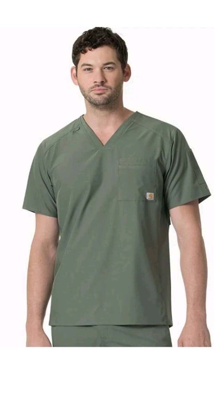 Carhartt Men's Rugged Flex Olive V-Neck Scrub Top Size Large Pocket Workwear